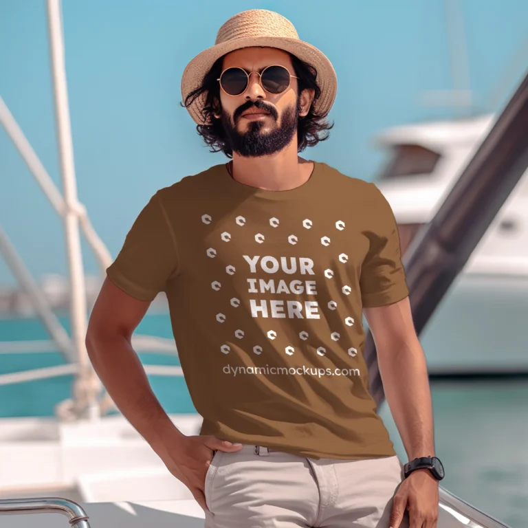 Man Wearing Brown T-shirt Mockup Front View Template