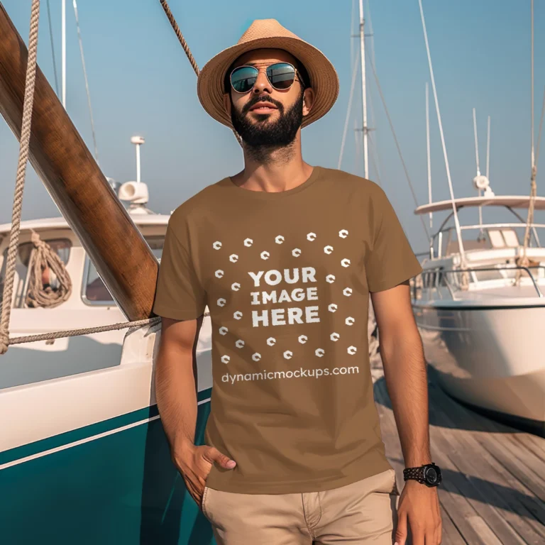 Man Wearing Brown T-shirt Mockup Front View Template