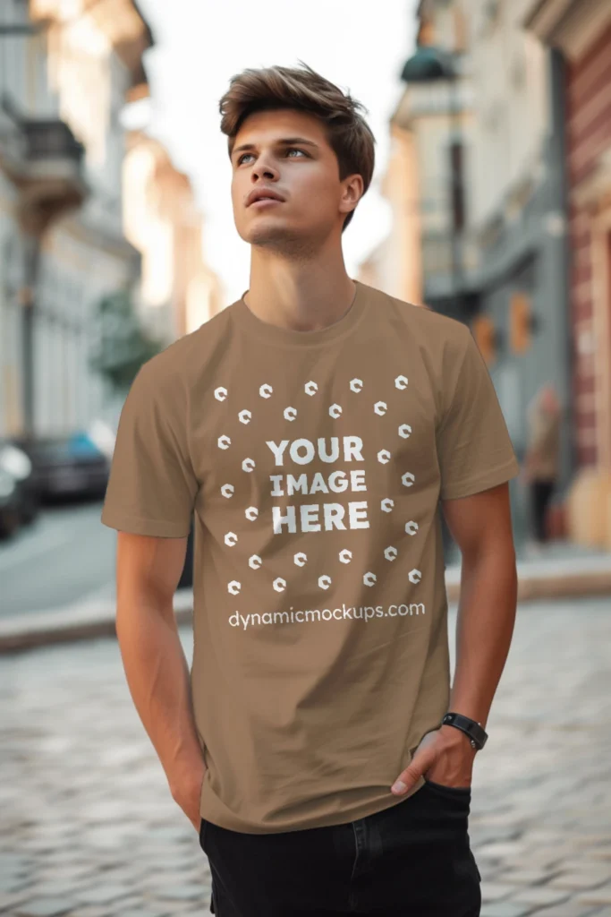 Man Wearing Brown T-shirt Mockup Front View Template