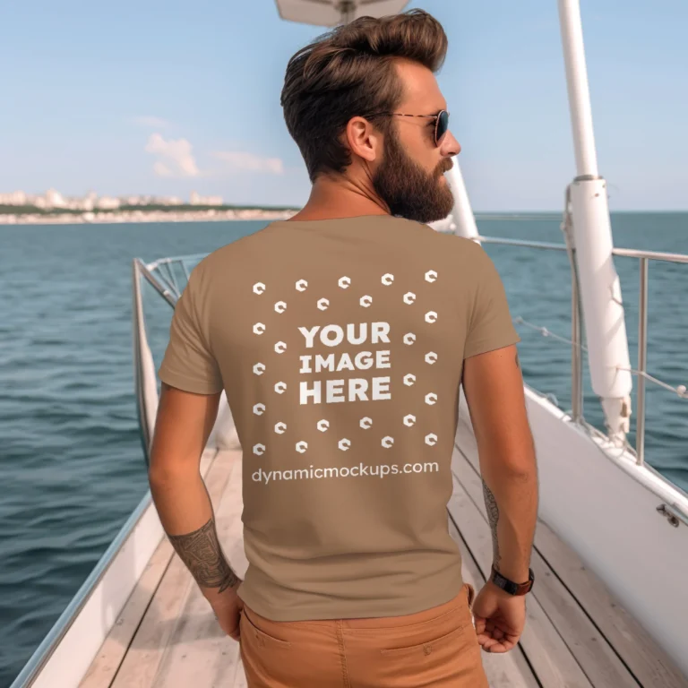 Man Wearing Brown T-shirt Mockup Back View Template