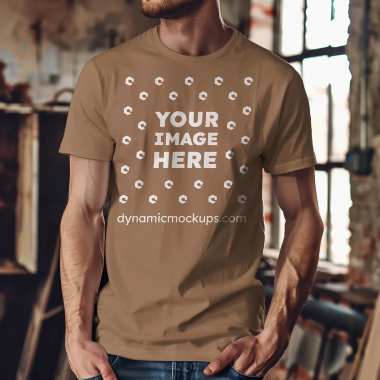 Man Wearing Brown T-shirt Mockup Front View Template