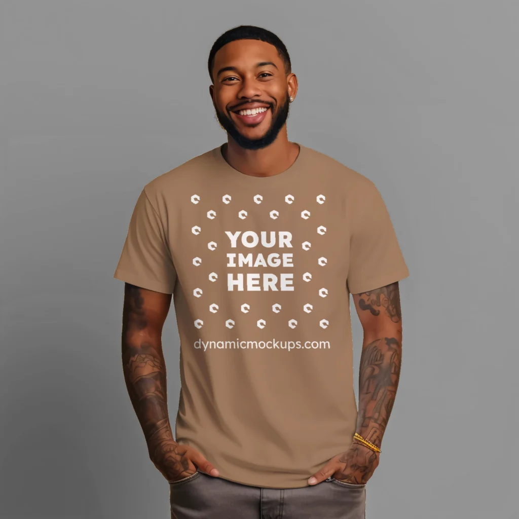 Man Wearing Brown T-shirt Mockup Front View Template