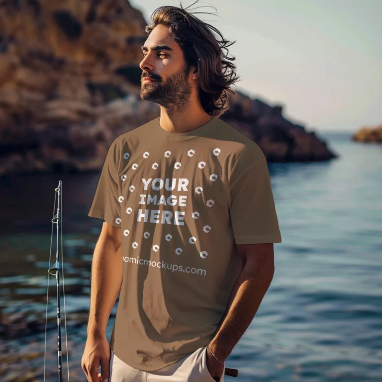 Man Wearing Brown T-shirt Mockup Front View Template