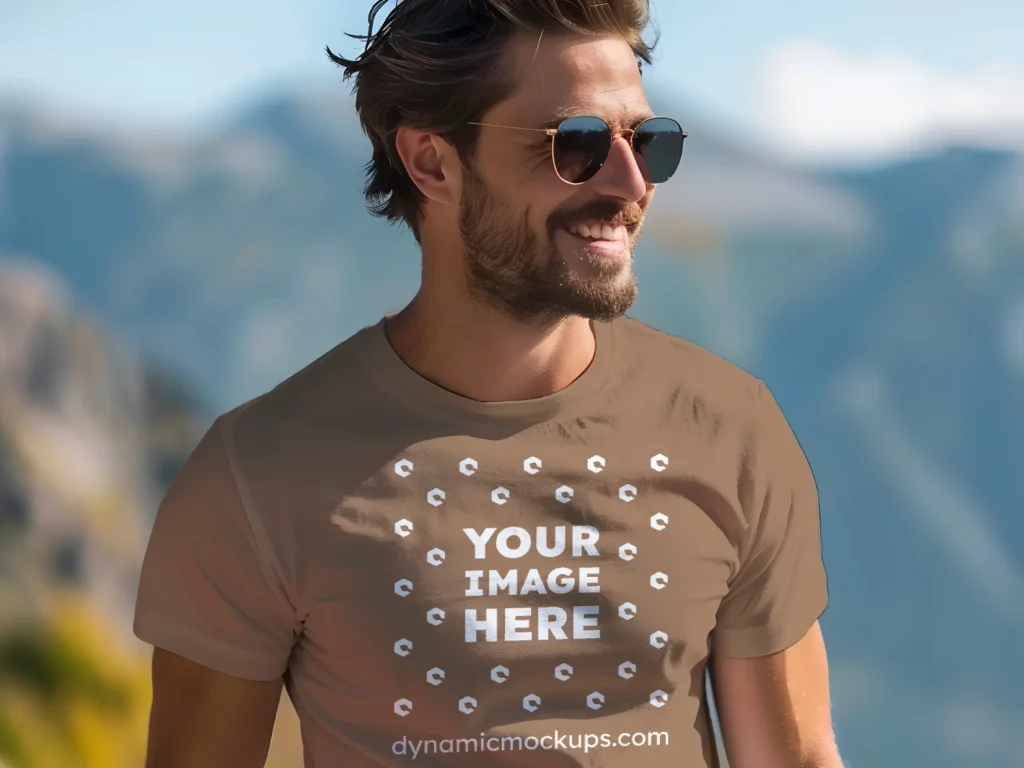 Man Wearing Brown T-shirt Mockup Front View Template