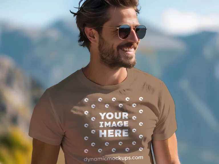 Man Wearing Brown T-shirt Mockup Front View Template