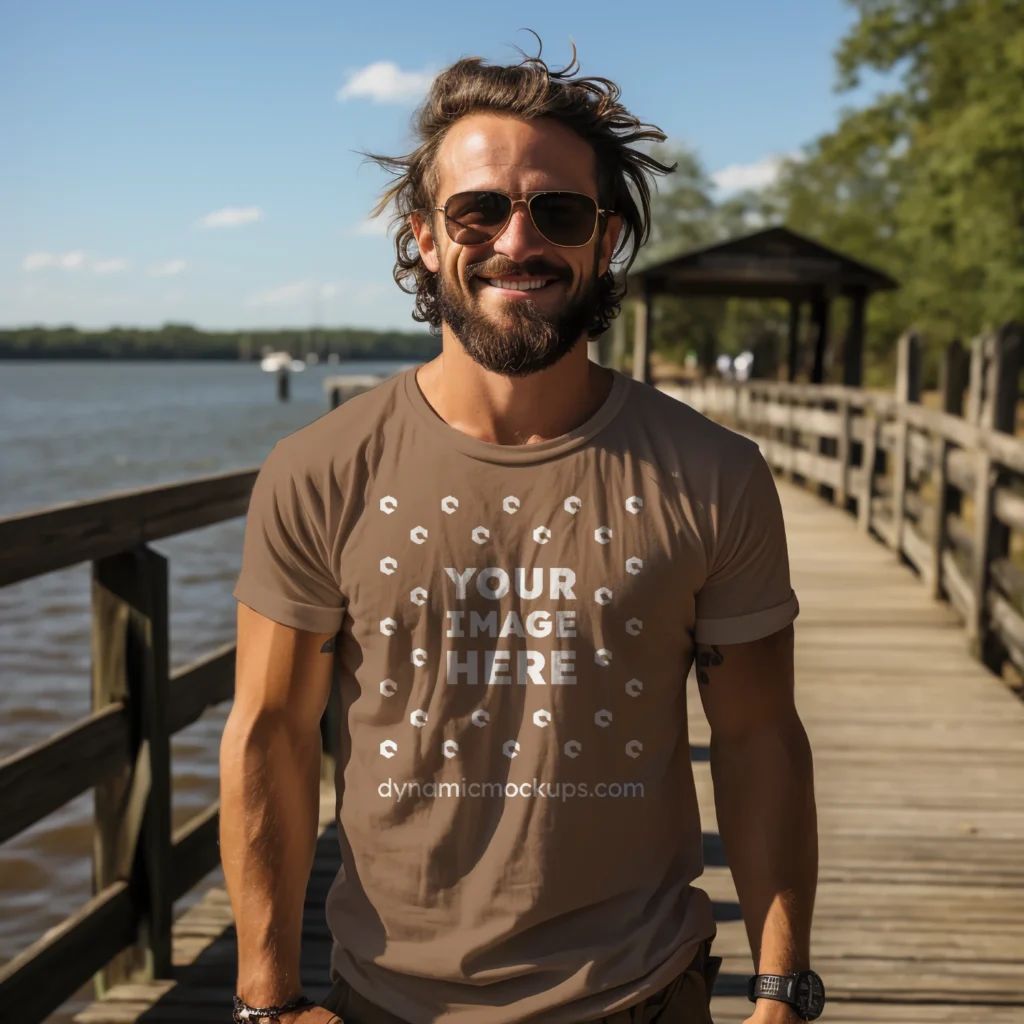 Man Wearing Brown T-shirt Mockup Front View Template