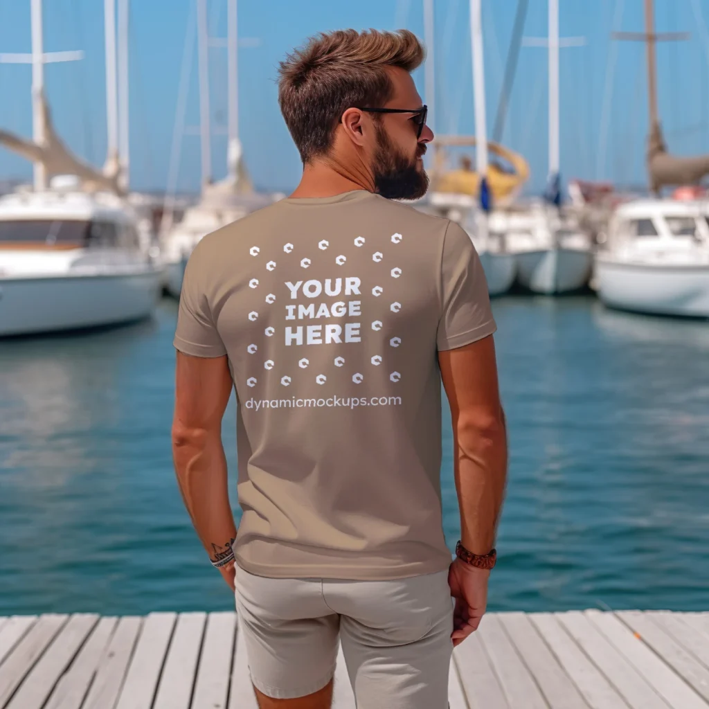 Man Wearing Brown T-shirt Mockup Back View Template