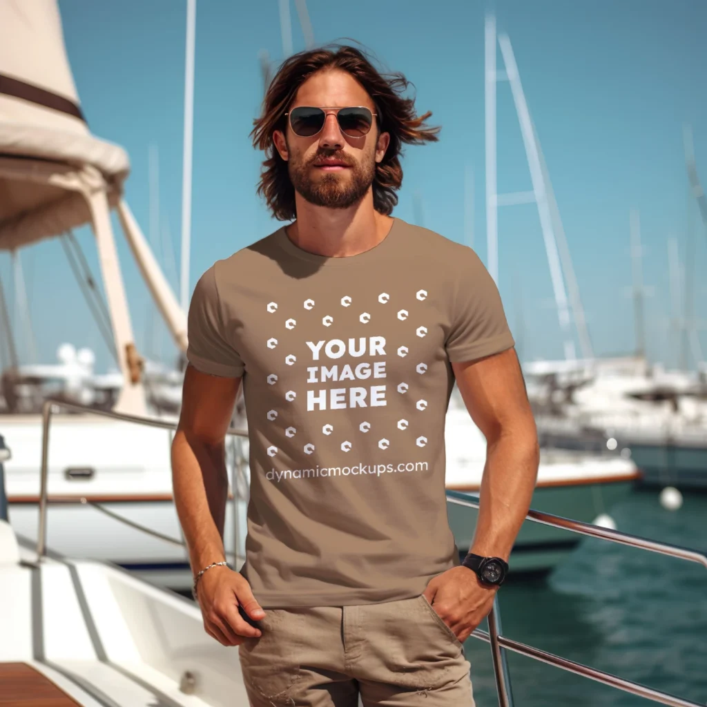 Man Wearing Brown T-shirt Mockup Front View Template