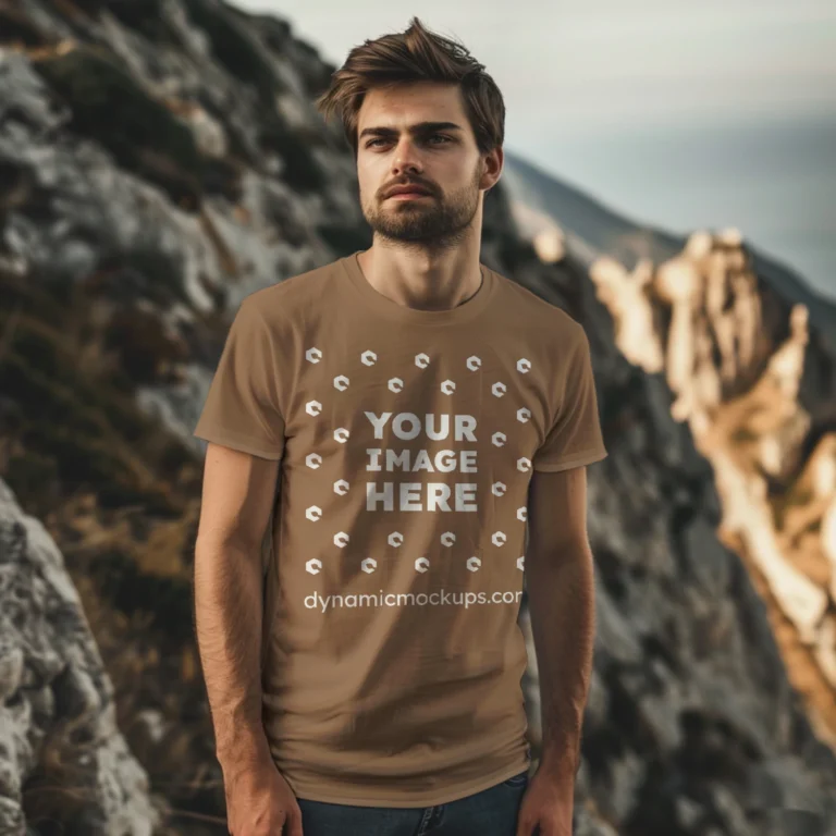 Man Wearing Brown T-shirt Mockup Front View Template