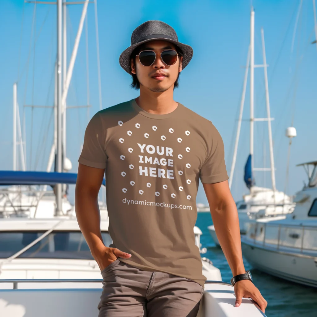 Man Wearing Brown T-shirt Mockup Front View Template