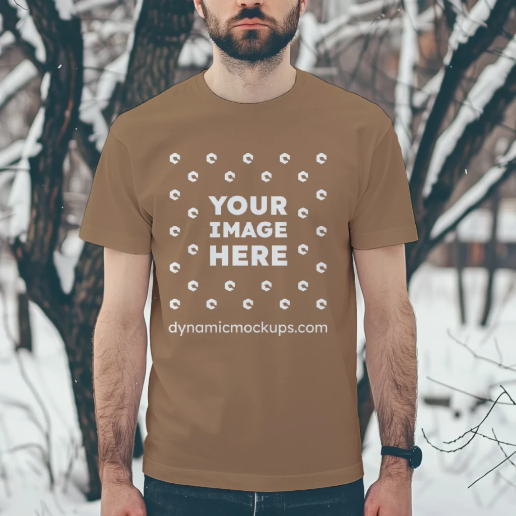 Man Wearing Brown T-shirt Mockup Front View Template