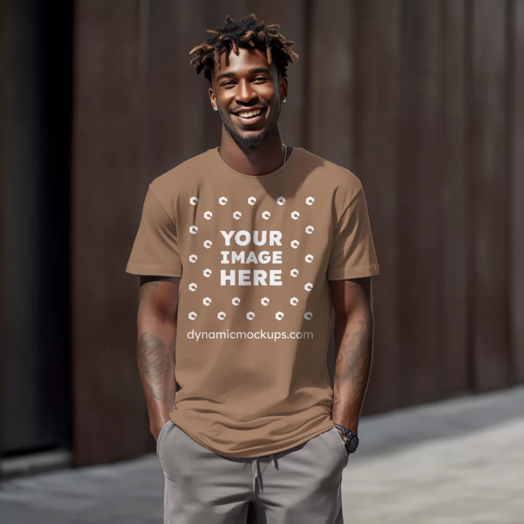 Man Wearing Brown T-shirt Mockup Front View Template