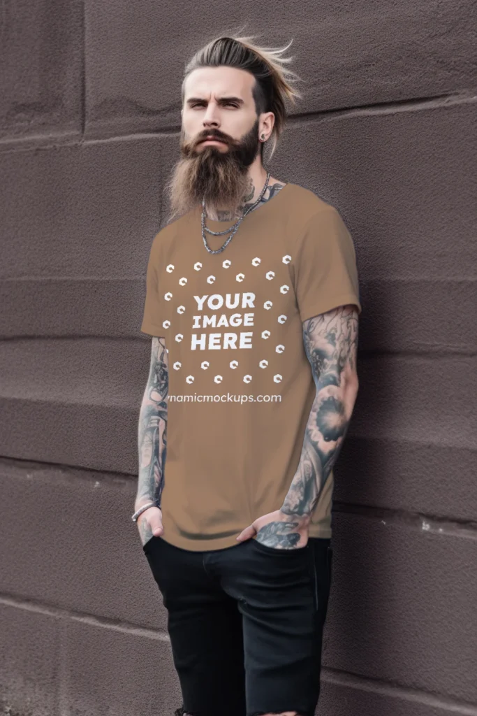 Man Wearing Brown T-shirt Mockup Front View Template