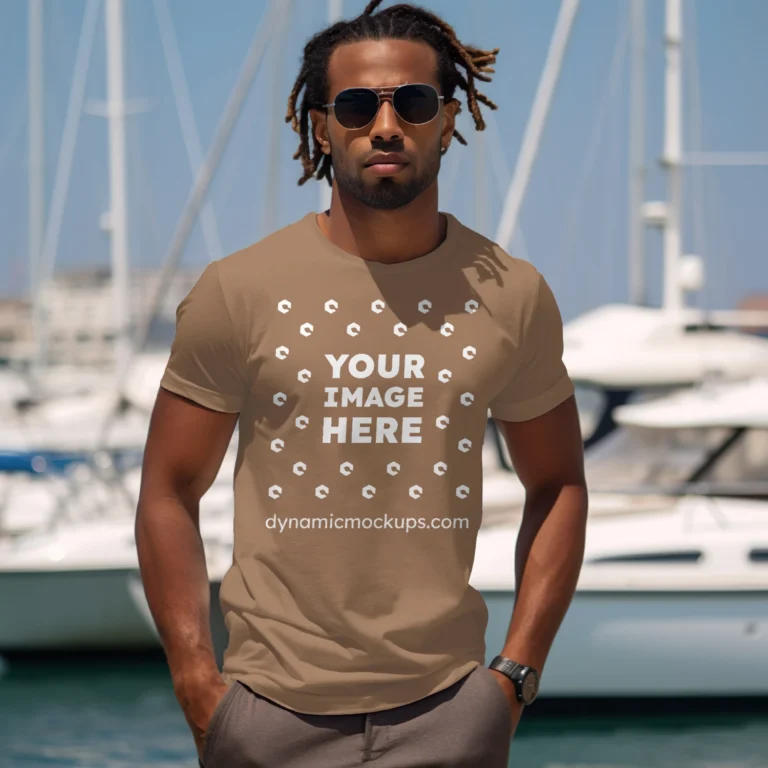 Man Wearing Brown T-shirt Mockup Front View Template