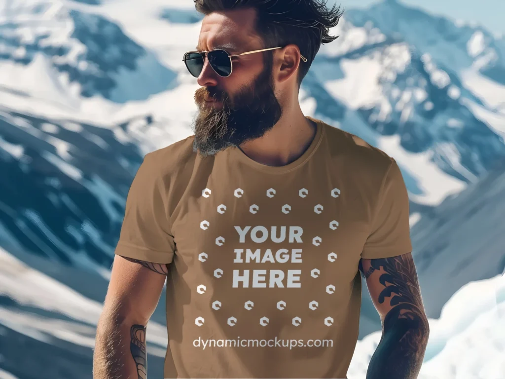 Man Wearing Brown T-shirt Mockup Front View Template