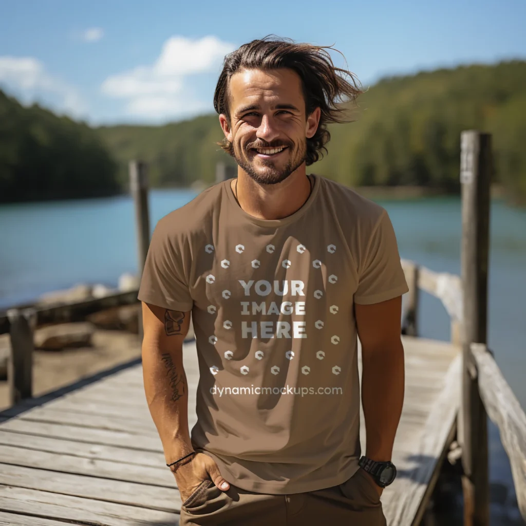 Man Wearing Brown T-shirt Mockup Front View Template