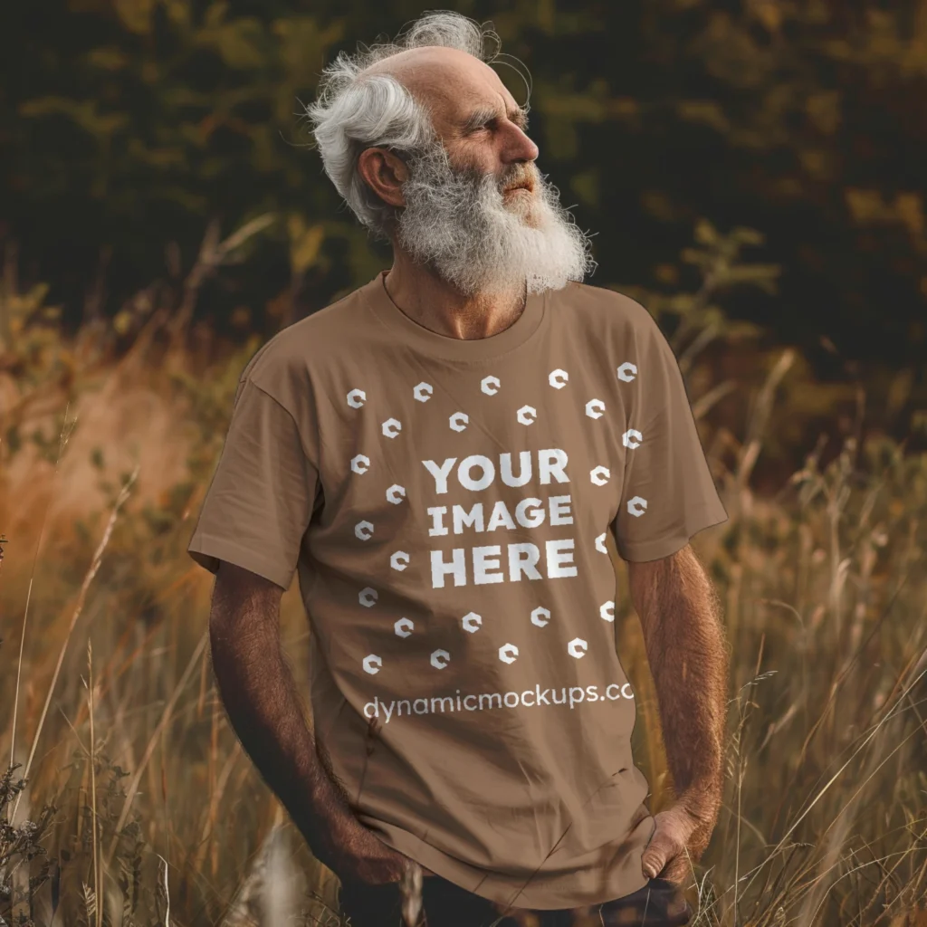 Man Wearing Brown T-shirt Mockup Front View Template