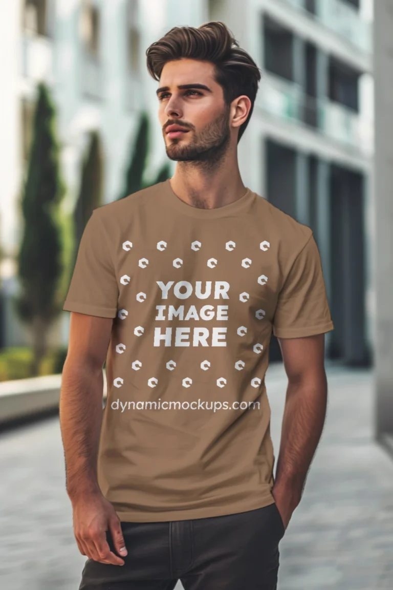 Man Wearing Brown T-shirt Mockup Front View Template