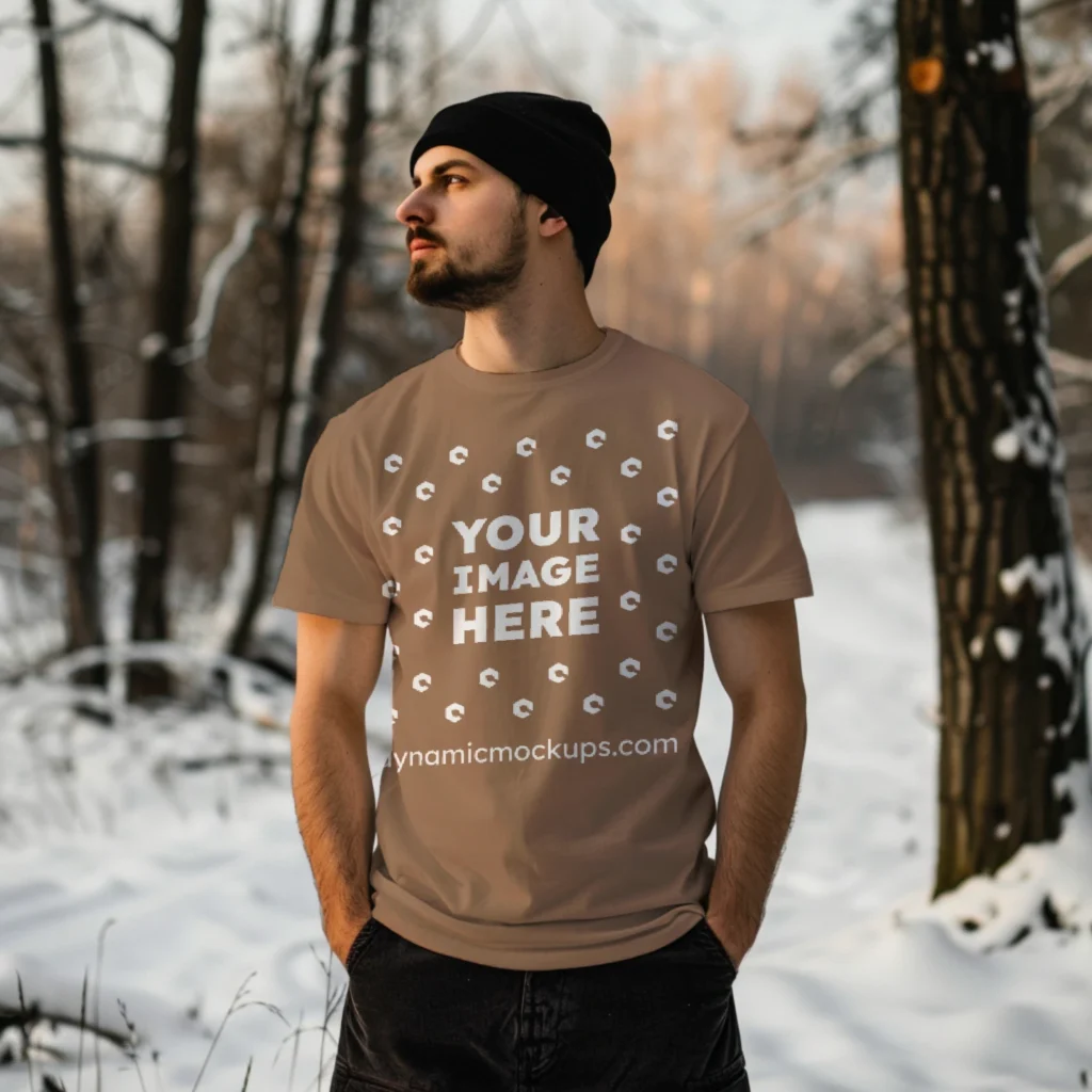 Man Wearing Brown T-shirt Mockup Front View Template