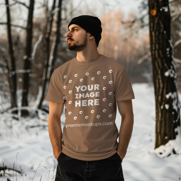 Man Wearing Brown T-shirt Mockup Front View Template