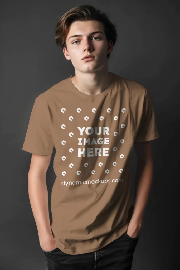 Man Wearing Brown T-shirt Mockup Front View Template