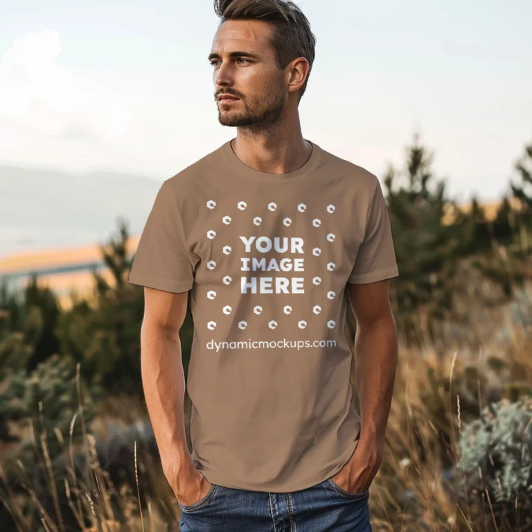 Man Wearing Brown T-shirt Mockup Front View Template