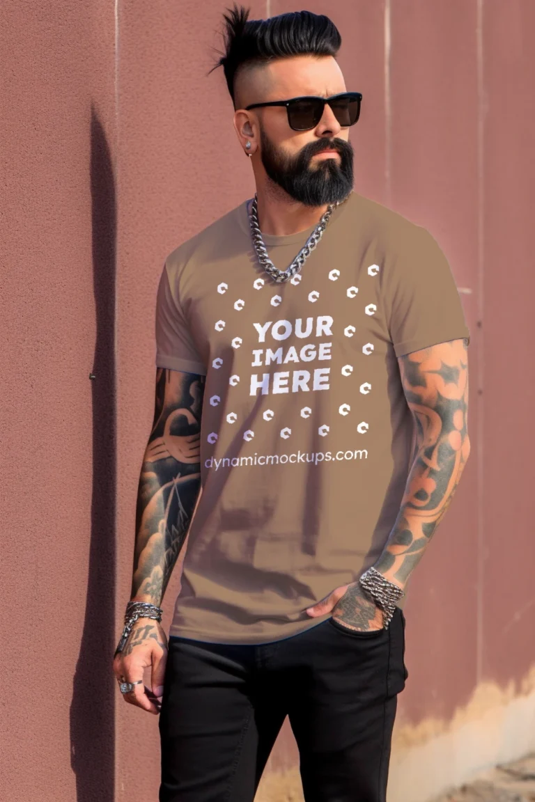 Man Wearing Brown T-shirt Mockup Front View Template