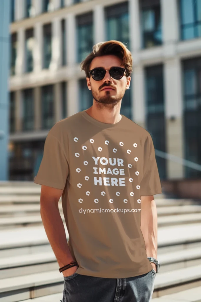 Man Wearing Brown T-shirt Mockup Front View Template