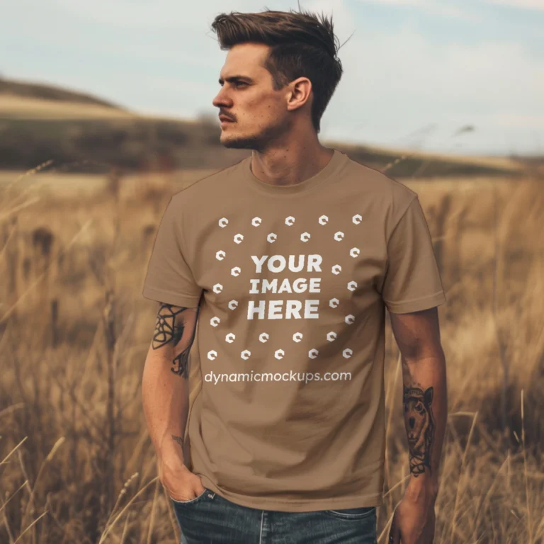 Man Wearing Brown T-shirt Mockup Front View Template