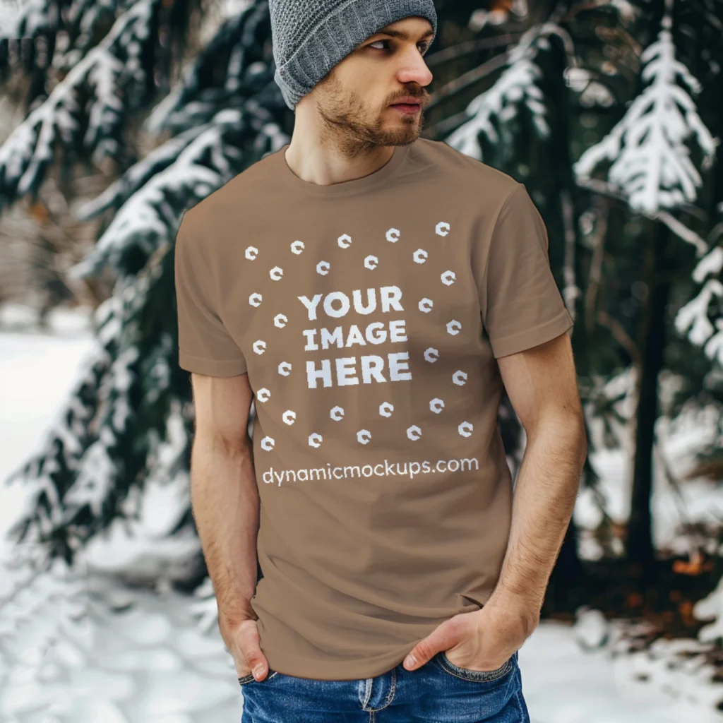 Man Wearing Brown T-shirt Mockup Front View Template