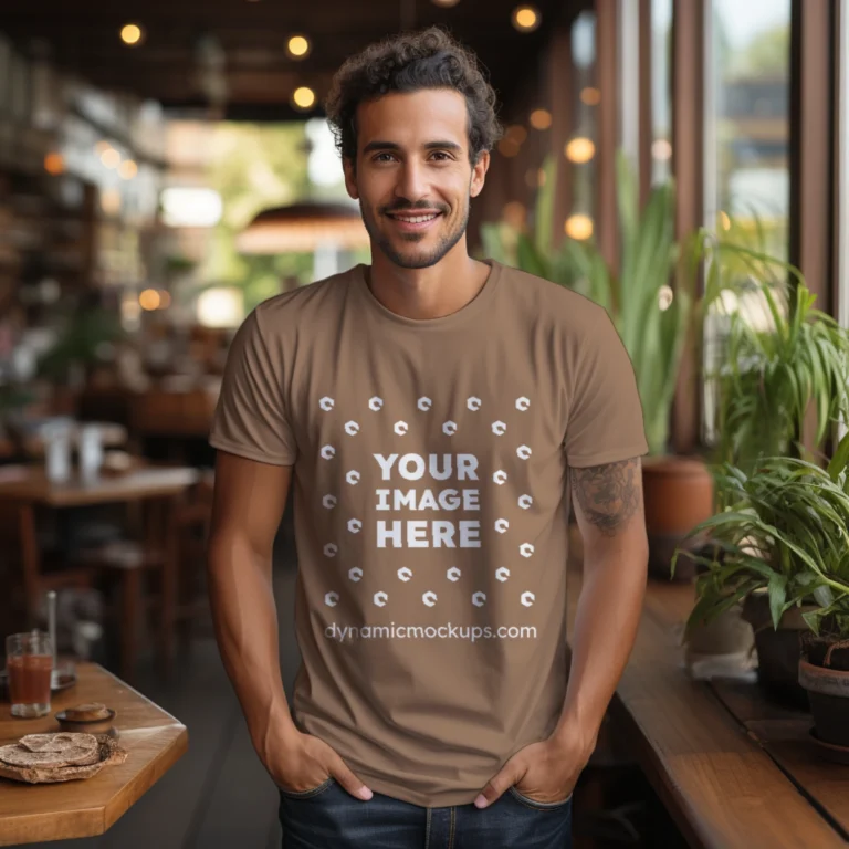 Man Wearing Brown T-shirt Mockup Front View Template