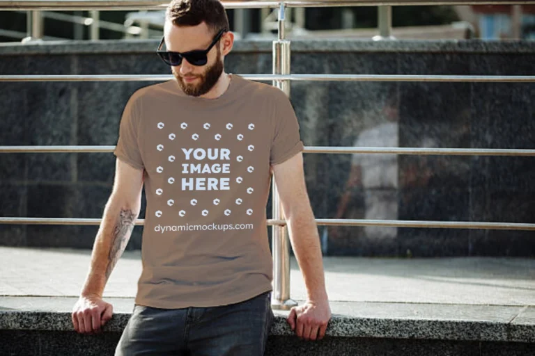 Man Wearing Brown T-shirt Mockup Front View Template