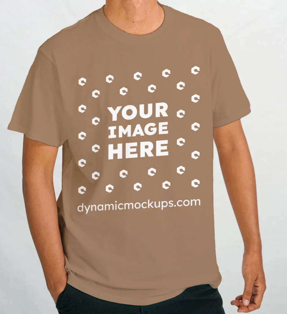 Man Wearing Brown T-shirt Mockup Front View Template