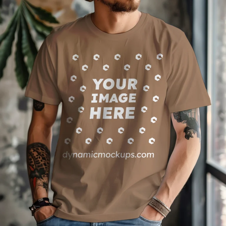 Man Wearing Brown T-shirt Mockup Front View Template