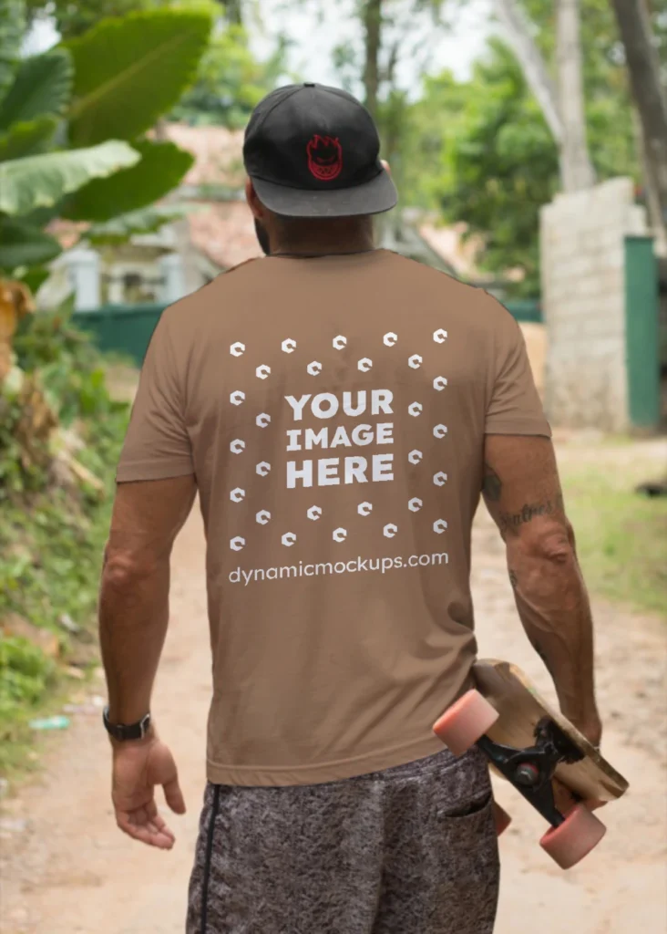 Man Wearing Brown T-shirt Mockup Back View Template