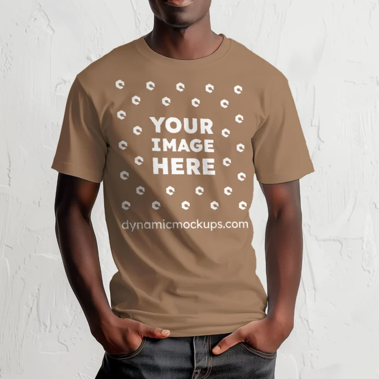 Man Wearing Brown T-shirt Mockup Front View Template