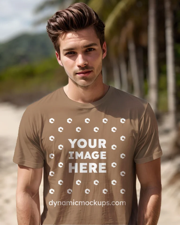 Man Wearing Brown T-shirt Mockup Front View Template