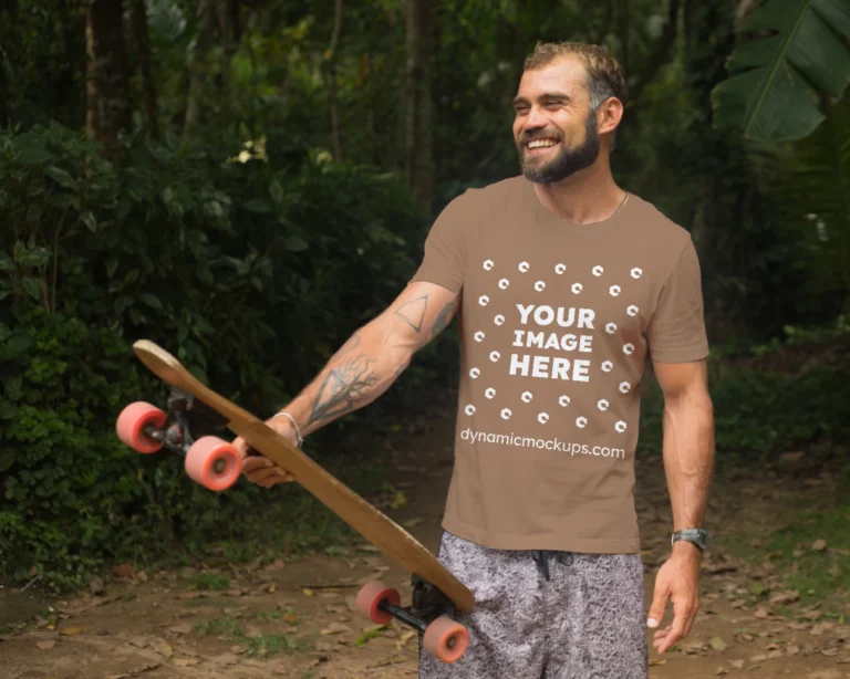 Man Wearing Brown T-shirt Mockup Front View Template