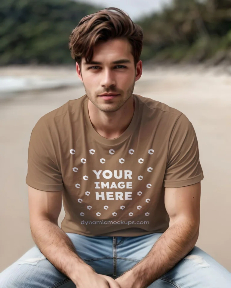 Man Wearing Brown T-shirt Mockup Front View Template