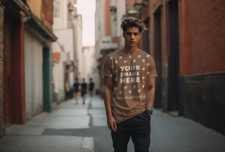 Man Wearing Brown T-shirt Mockup Front View Template