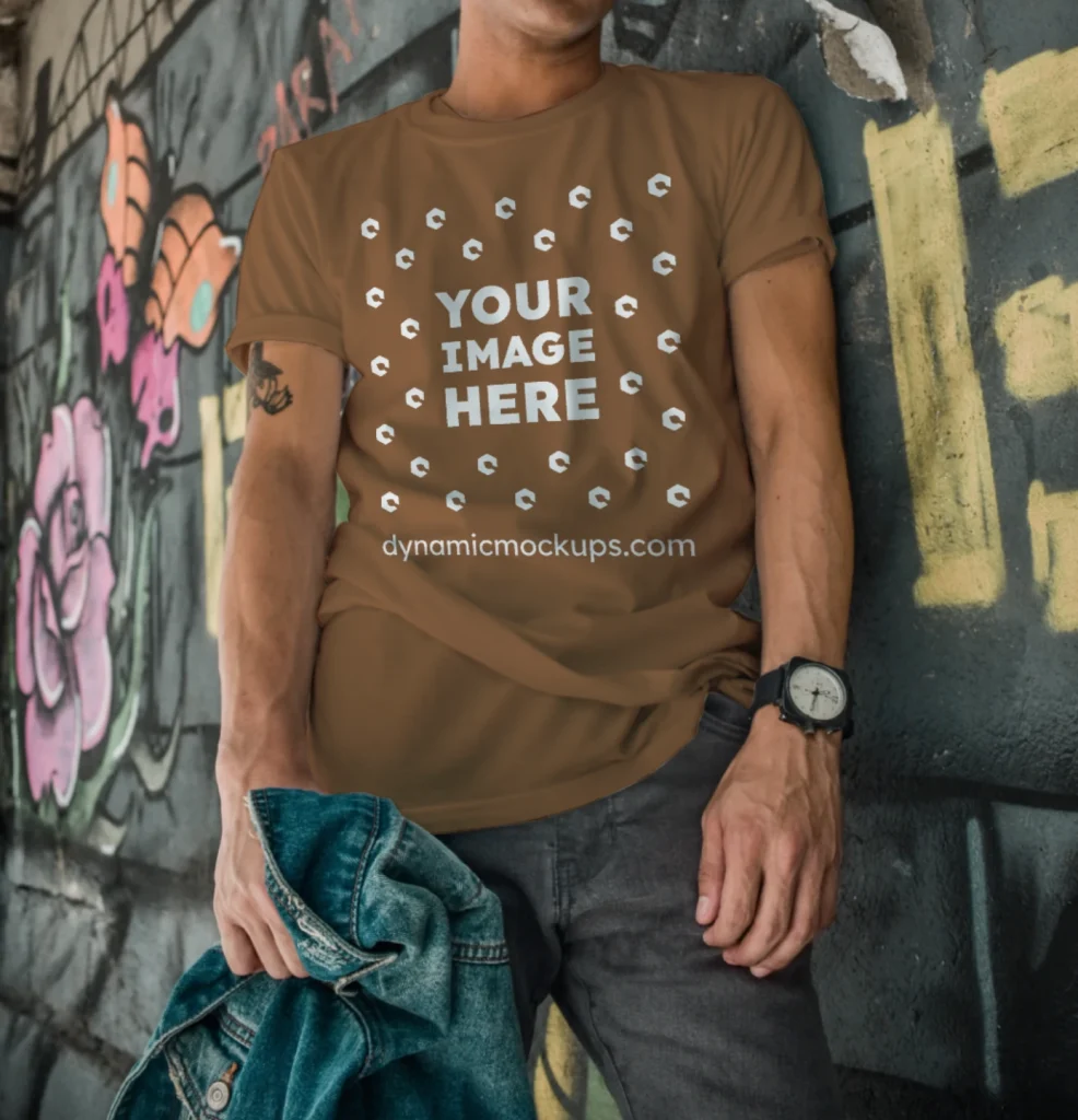 Man Wearing Brown T-shirt Mockup Front View Template