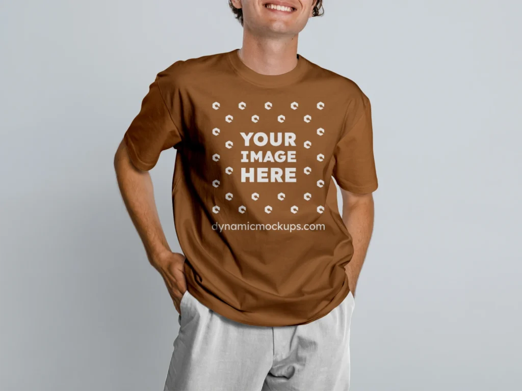 Man Wearing Brown T-shirt Mockup Front View Template