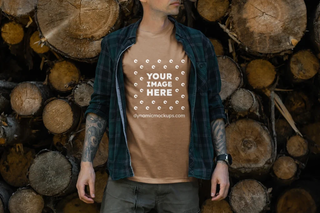 Man Wearing Brown T-shirt Mockup Front View Template