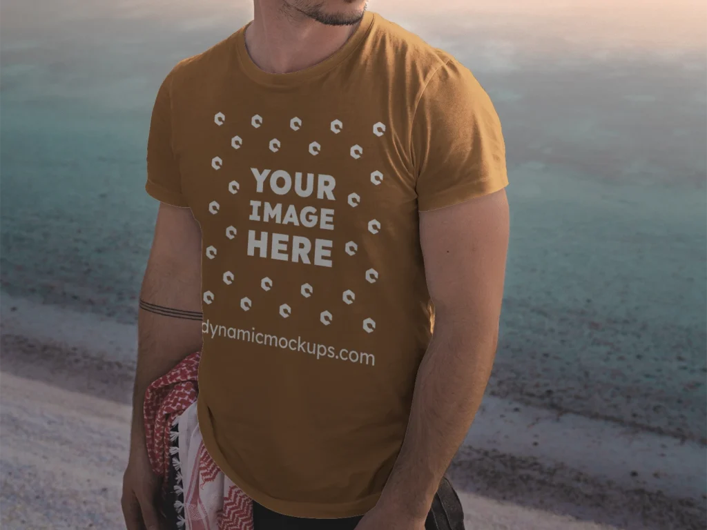 Man Wearing Brown T-shirt Mockup Front View Template