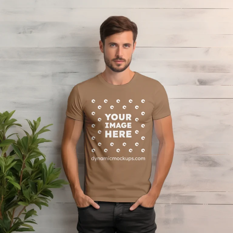 Man Wearing Brown T-shirt Mockup Front View Template