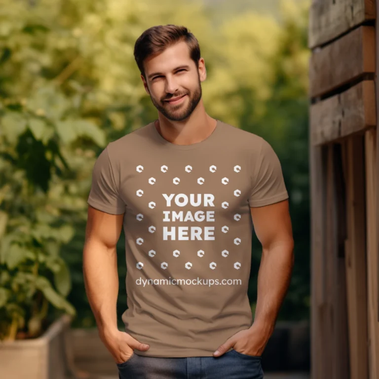 Man Wearing Brown T-shirt Mockup Front View Template