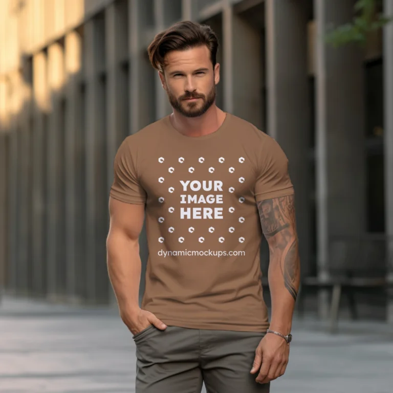 Man Wearing Brown T-shirt Mockup Front View Template