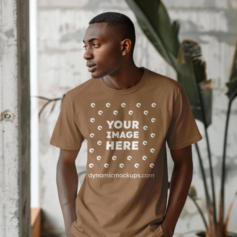 Man Wearing Brown T-shirt Mockup Front View Template