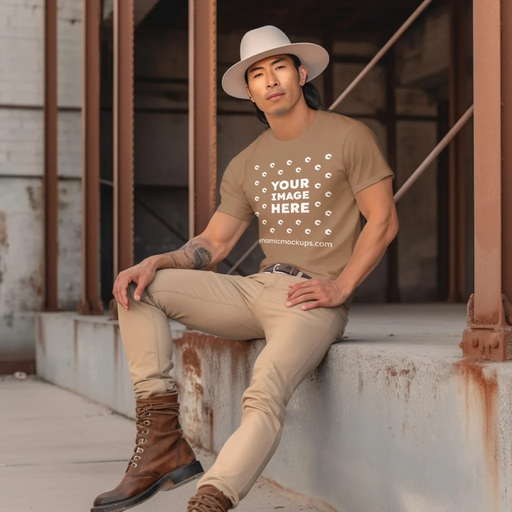 Man Wearing Brown T-shirt Mockup Front View Template