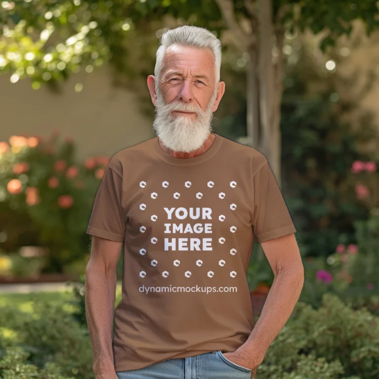 Man Wearing Brown T-shirt Mockup Front View Template